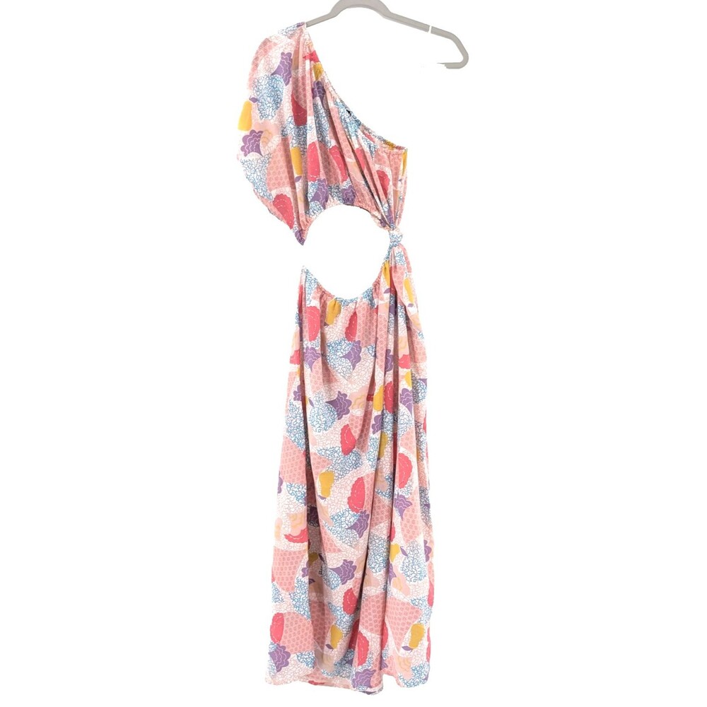 America & Beyond Cotton Candy One Shoulder Puff Sleeve Cut Out Maxi Dress M